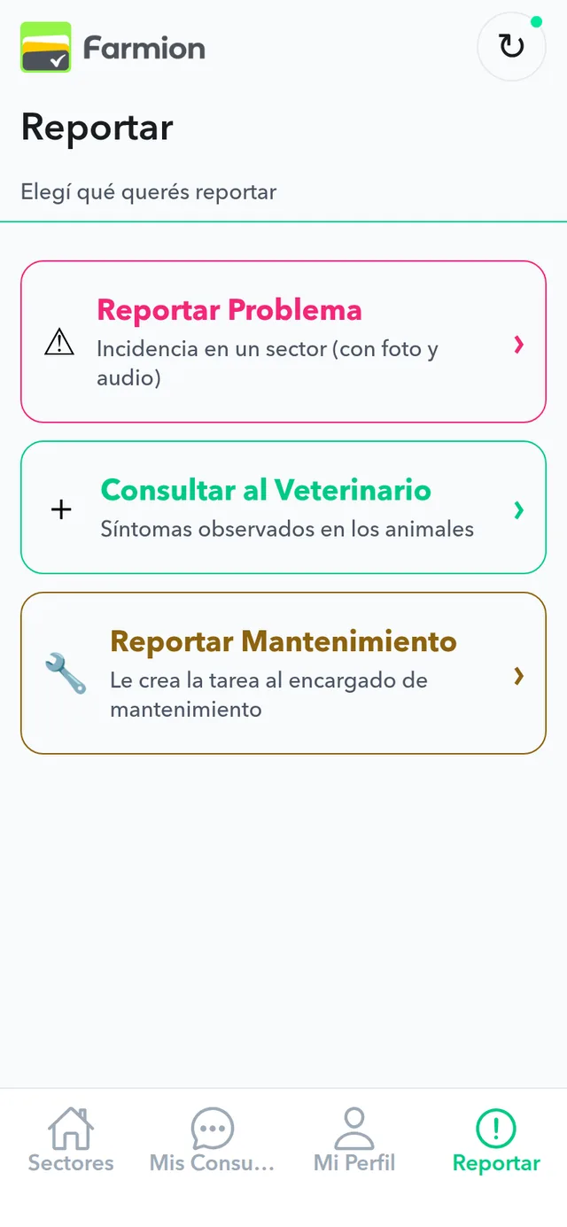 App de campo de Farmion: pantalla para reportar problemas, consultas veterinarias o mantenimiento