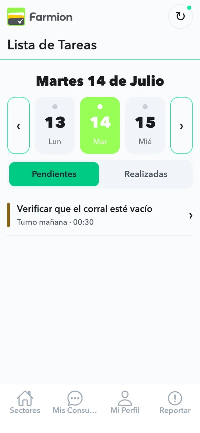App de campo de Farmion: lista de tareas del día con selector de fecha